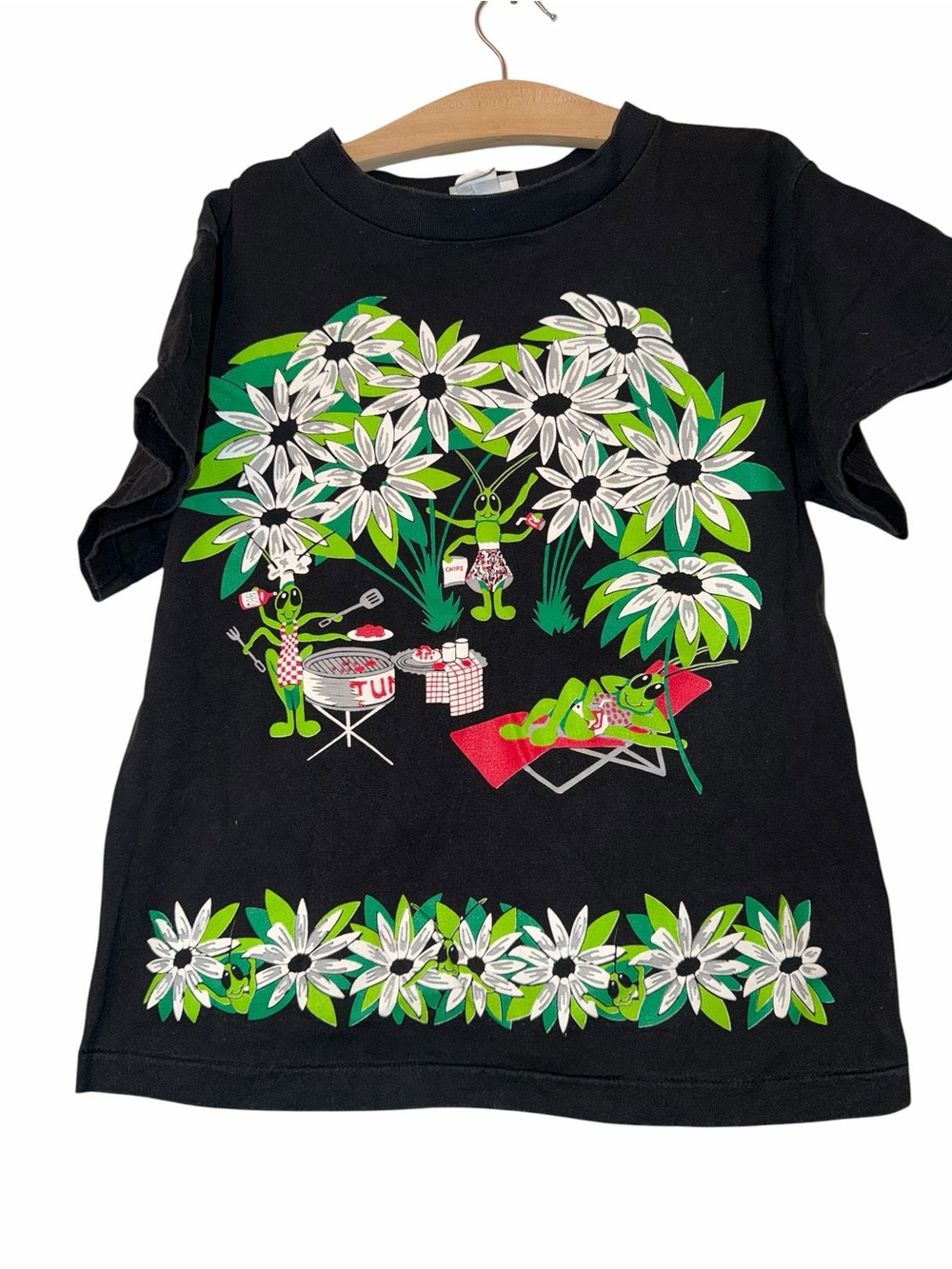 VTG spumoni by Rose Cage girls sz M 7-14 oversized black floral picnic t shirt
